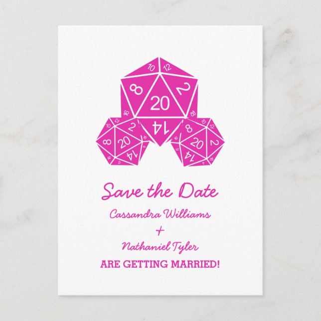 Pink D20 Dice Save the Date Postcard (Front)