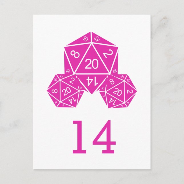 Pink D20 Dice Table Number Postcard (Front)