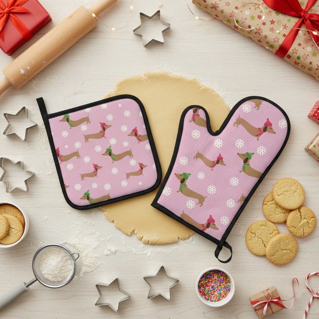 Pink Dachshund Snowflake Oven Mitt and Pot Holders Oven Mitt & Pot Holder Set (Pink snowflakes with hat clad cartoon dachshunds)