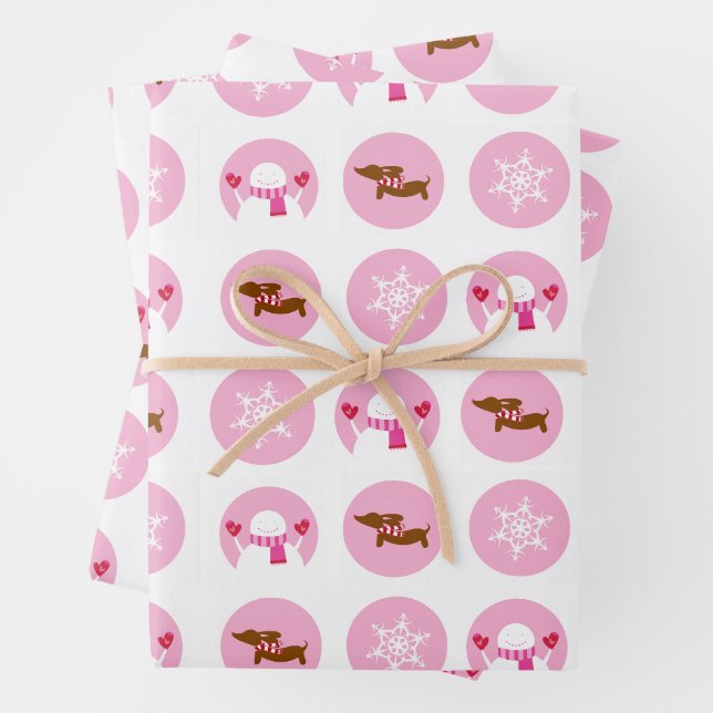 Pink Dachshund Snowflake Snowman Christmas Gift  Wrapping Paper Sheet (In situ)