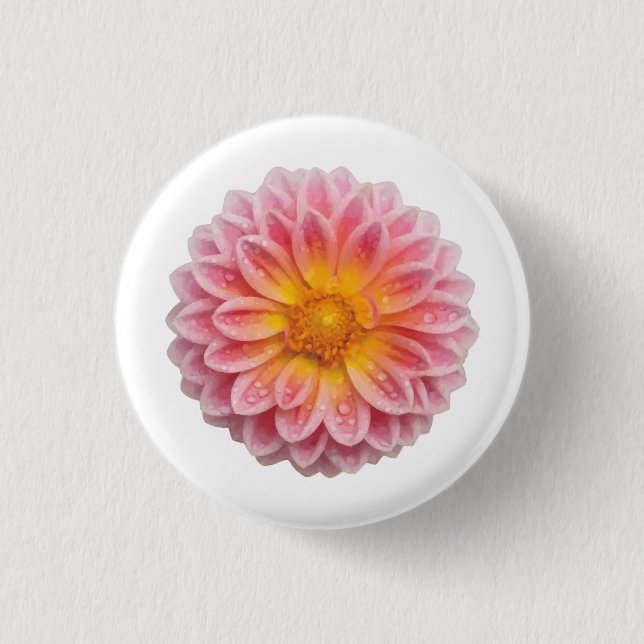 Pink Dahlia and Dew Drops 1 Inch Round Button (Front)
