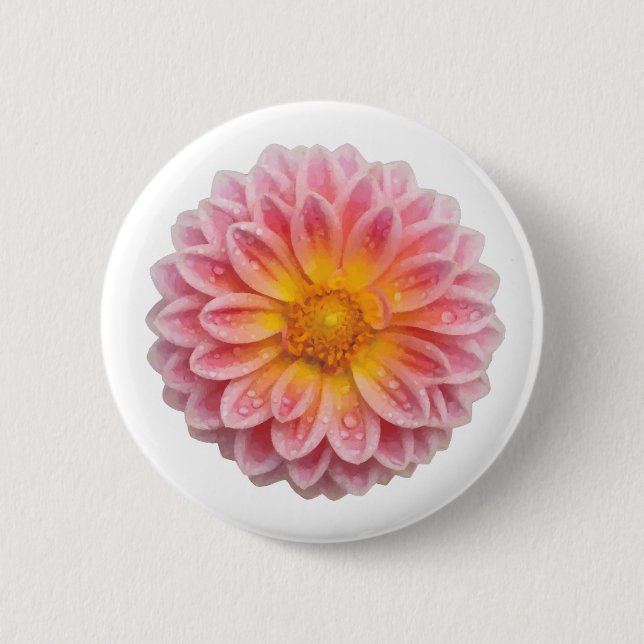 Pink Dahlia and Dew Drops 2 Inch Round Button (Front)