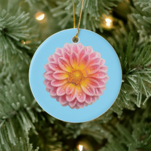Pink Dahlia and Dew Drops Ceramic Ornament