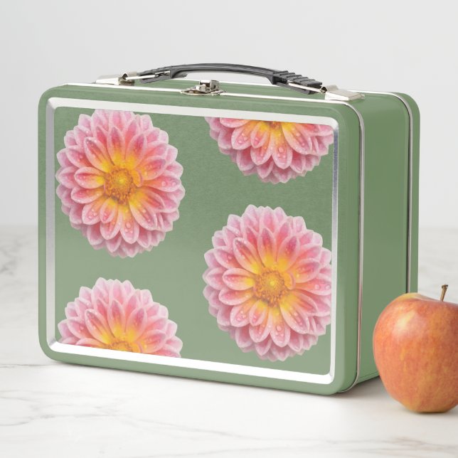 Pink Dahlia and Dew Drops Metal Lunch Box (In Situ)