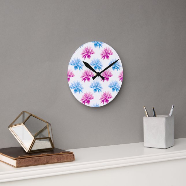 Pink Dahlia, Blue Dahla, Floral Pattern, Flowers Round Clock (Office)
