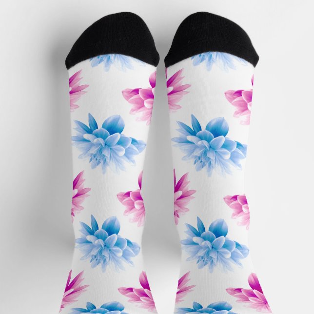Pink Dahlia, Blue Dahla, Floral Pattern, Flowers Socks (Top)