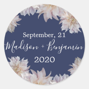 Pink Dahlia Flower Dark Blue Wedding Date Classic Round Sticker