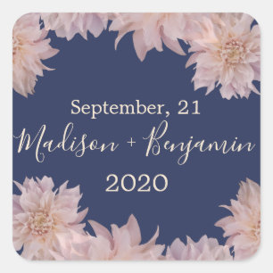 Pink Dahlia Flower Dark Blue Wedding Date Square Sticker