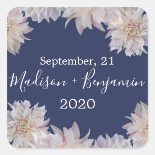 Pink Dahlia Flower Dark Blue Wedding Date Square Sticker