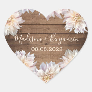Pink Dahlia Flower Rustic Wood Wedding Date Heart  Sticker