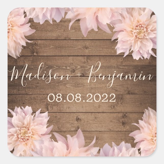 Pink Dahlia Flower Rustic Wood Wedding Date Square Sticker (Front)