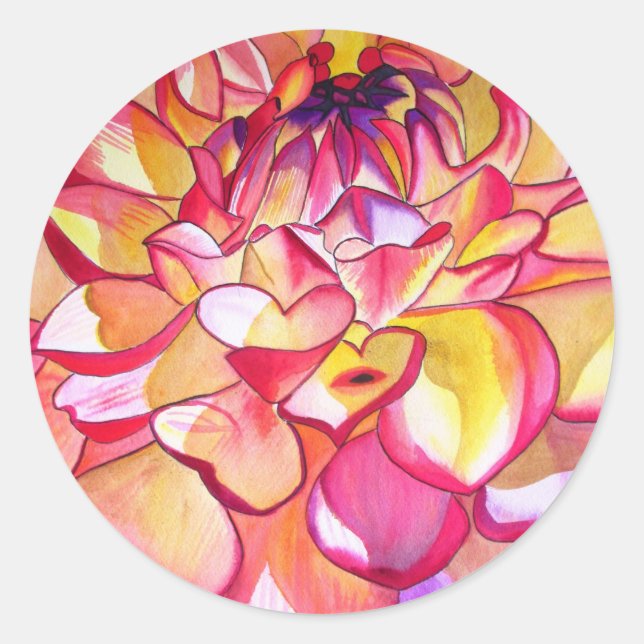 Pink Dahlia flower watercolour fine art Classic Round Sticker (Front)