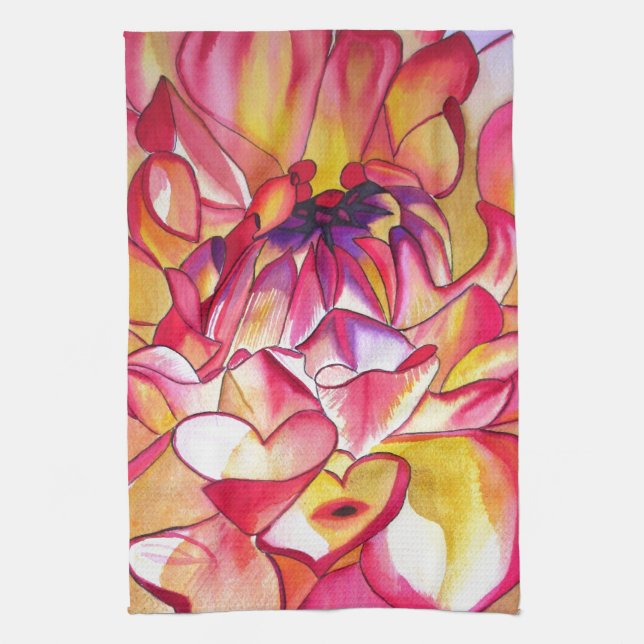 Pink Dahlia flower watercolour fine art Kitchen Towel (Vertical)
