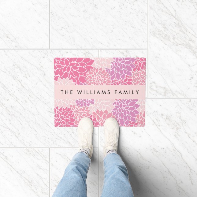 Pink Dahlia Flowers, Pattern Of Flowers, Your Name Doormat (Indoor)