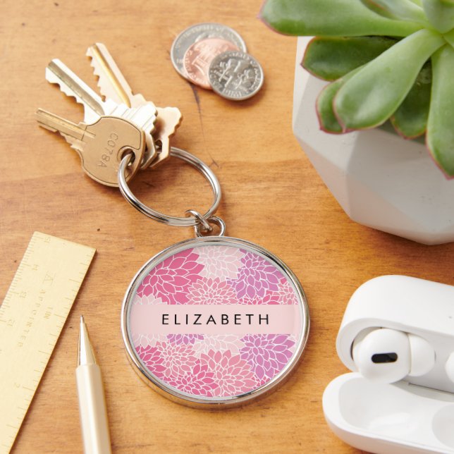 Pink Dahlia Flowers, Pattern Of Flowers, Your Name Keychain (Desk)