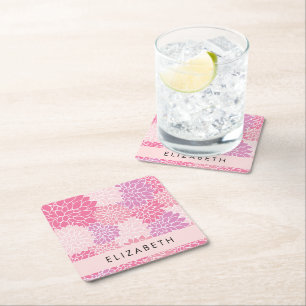 Pink Dahlia Flowers, Pattern Of Flowers, Your Name Square Paper Coaster