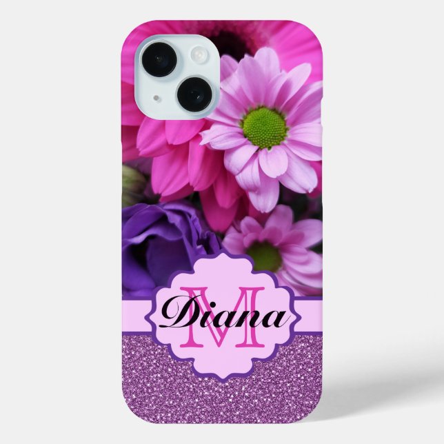 Pink Dahlia Flowers Purple Glitter Floral Name Case-Mate iPhone Case (Back)