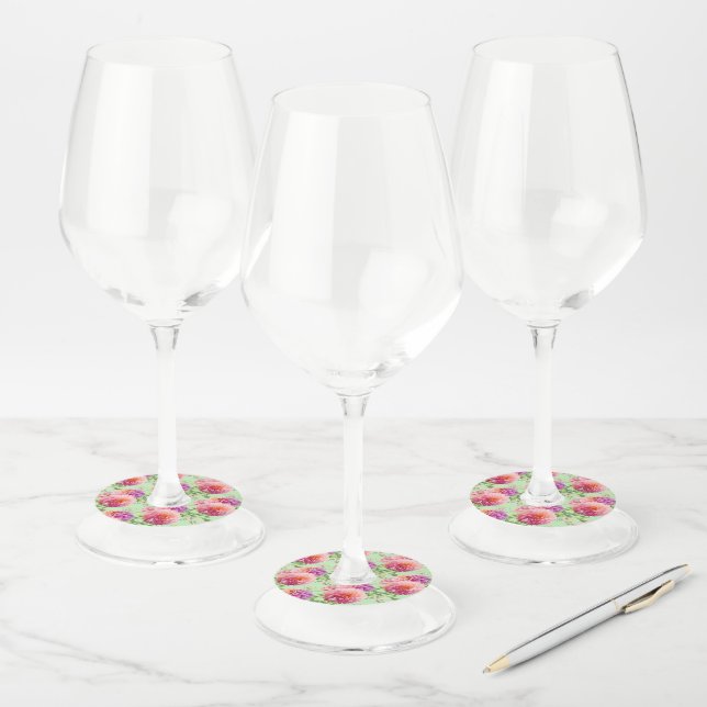 Pink Dahlia Flowers Wine Glass Tag (Set)