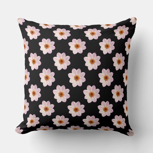 Pink Dahlia Pattern - Full Colour on Black Throw Pillow (Front)