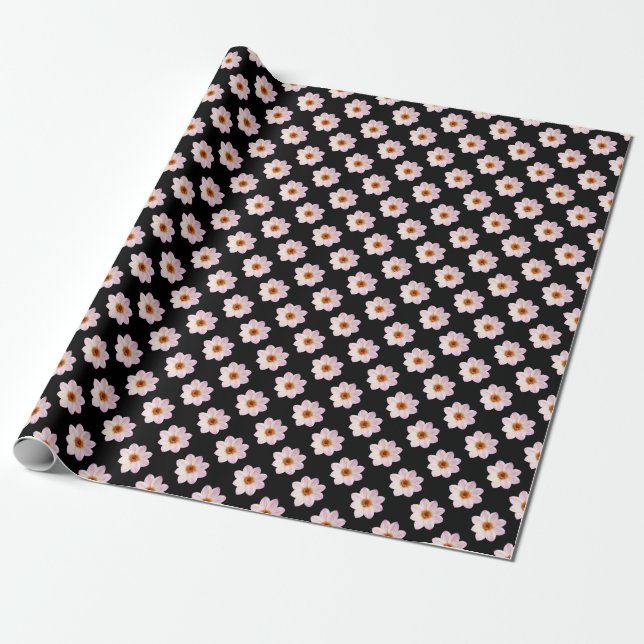 Pink Dahlia Pattern - Full Colour on Black Wrapping Paper (Unrolled)