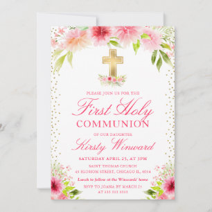 Pink Dahlia Peony Flowers First Holy Communion Invitation
