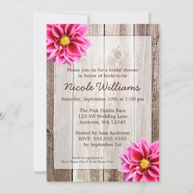 Pink Dahlia Rustic Barn Wood Bridal Shower Invitation (Front)