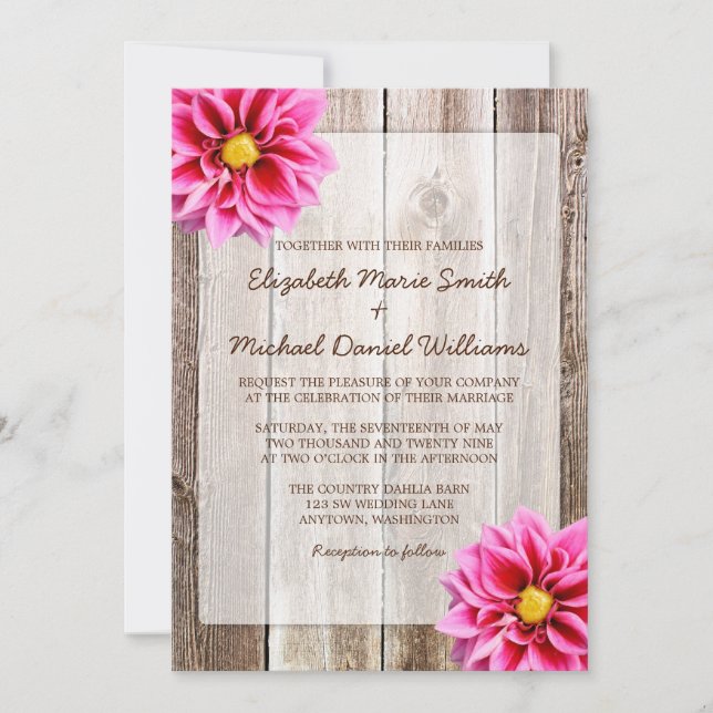 Pink Dahlia Rustic Barn Wood Wedding Invitations (Front)