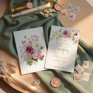 Pink Dahlia Wildflowers Gold Text Wedding | Invitation