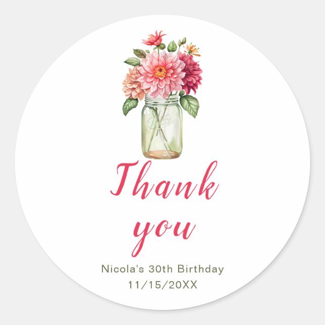 Pink Dahlias Mason Jar Birthday Party Classic Round Sticker (Front)