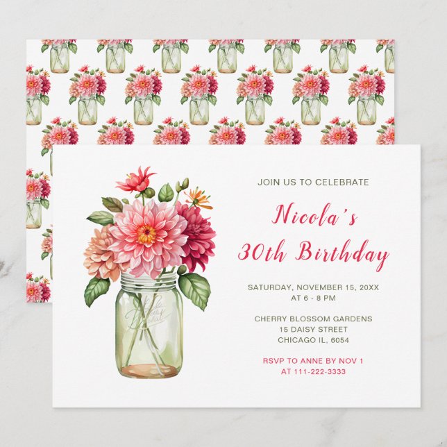 Pink Dahlias Mason Jar Birthday Party Invitation (Front/Back)