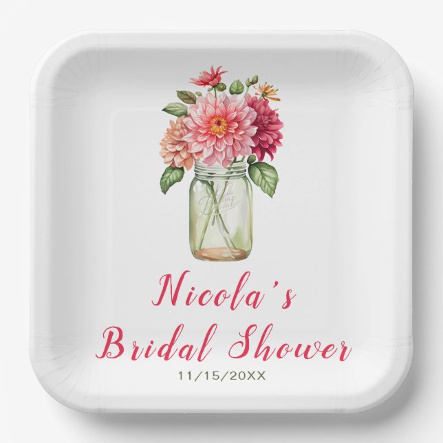 Pink Dahlias Mason Jar Bridal Shower Paper Plate (Front)