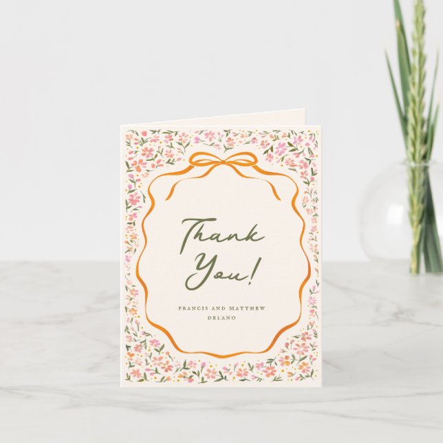 Pink Dainty Flowers and Orange Bow Thank You Card (Front)