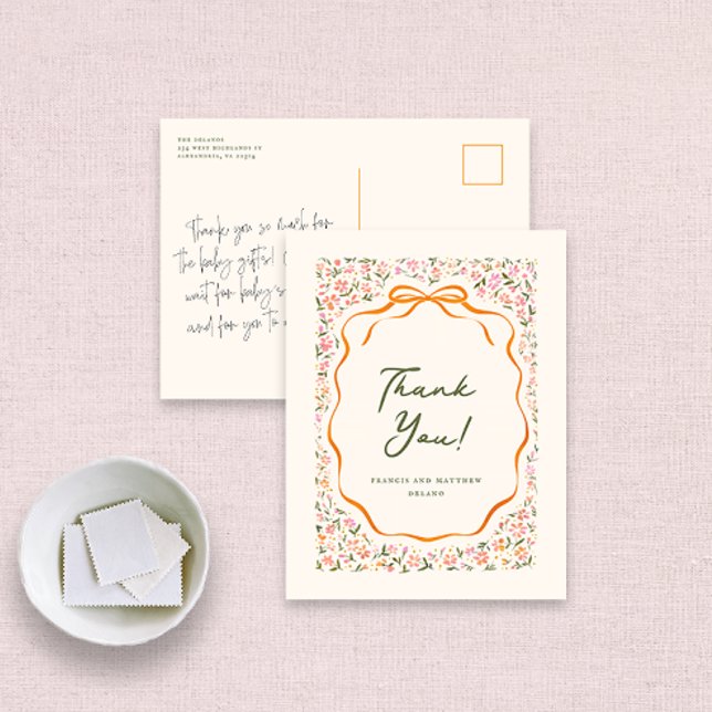 Pink Dainty Flowers and Orange Bow Thank You Postcard (pretty pink wildflowers and orange bow thank you note postcard)