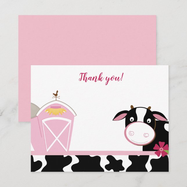 Pink Dairy Cow Farm Flat Thank you notes Invitation (Front/Back)