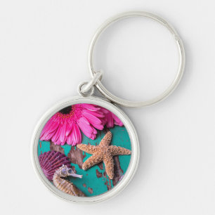 Pink Daises And Seahorse With Starfish Keychain