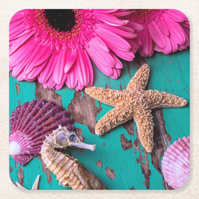 Pink Daises And Seahorse With Starfish Square Paper Coaster (Front)