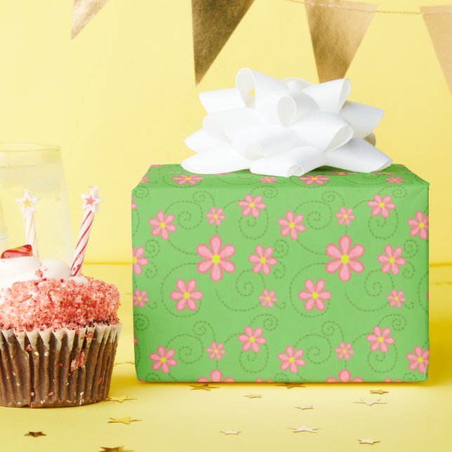 Pink Daisies and Bug Trails On Bright Green Wrapping Paper (Birthday Party)