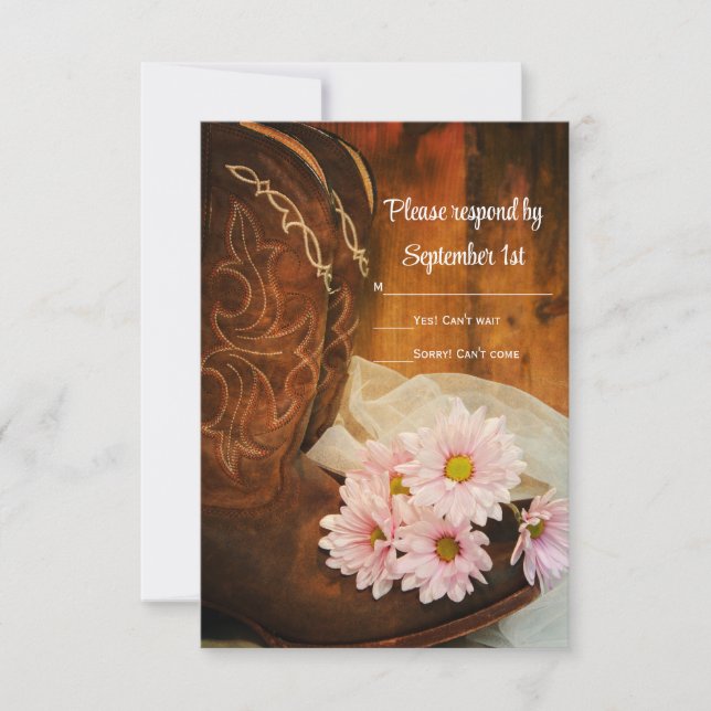 Pink Daisies and Cowboy Boots Western Wedding RSVP Card (Front)