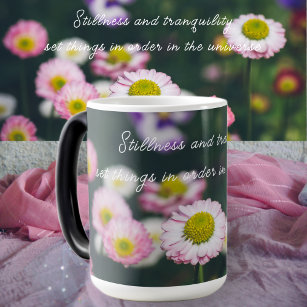 Pink daisies and pansies in the green garden magic mug