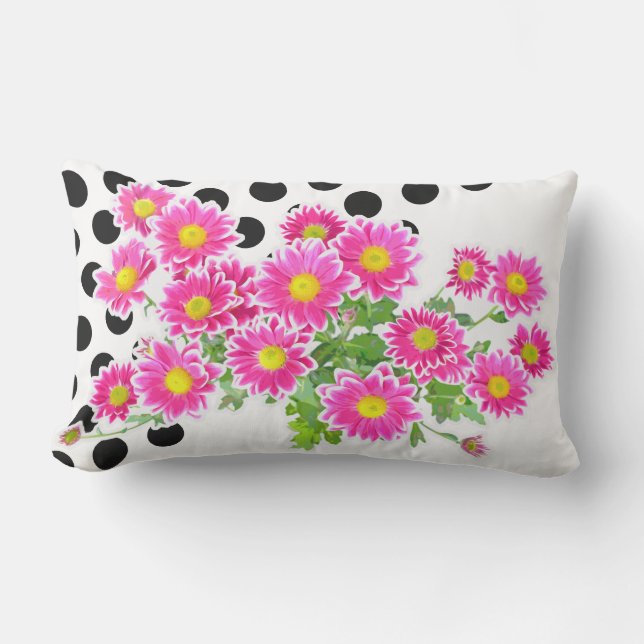Pink Daisies / Asters Bouquet & black dots Outdoor Pillow (Front)