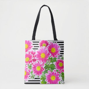 Pink Daisies / Asters Bouquet & black stripes Tote Bag