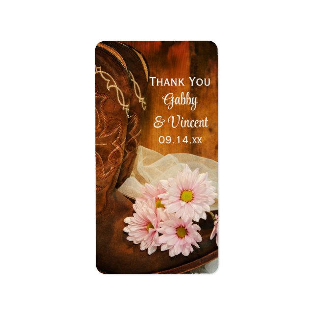 Pink Daisies Boots Western Wedding Thank You Tag (Front)