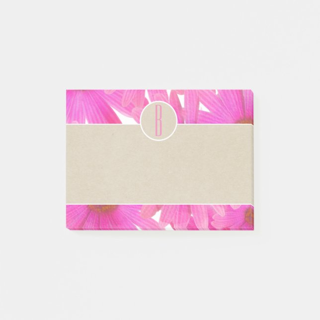 Pink Daisies & Brown Kraft Rustic Monogram Initial Post-it Notes (Front)