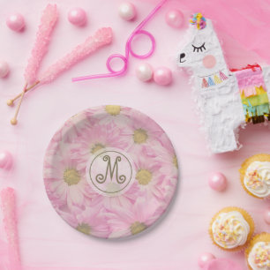 Pink Daisies Custom Gold Monogram Paper Plate