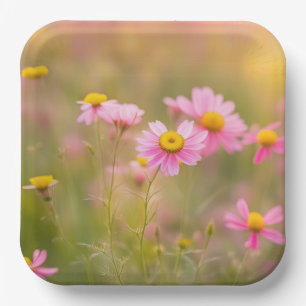 Pink Daisies Meadow Paper Plate