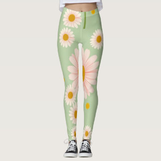 Pink Daisies on Light Green Background Leggings