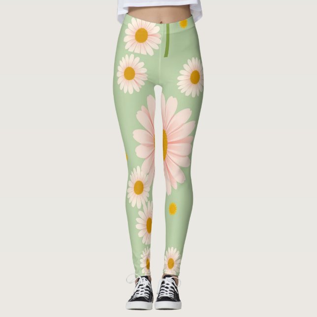 Pink Daisies on Light Green Background Leggings (Front)