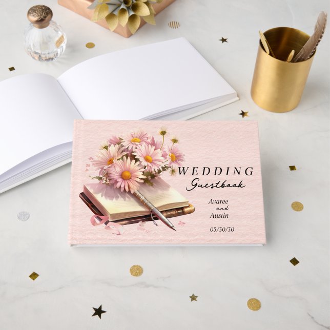 Pink Daisies on Open Book Wedding (Front Open)