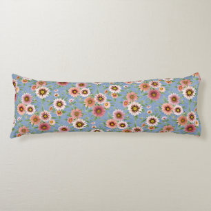 Pink Daisies Pretty Floral Pattern on Blue Body Pillow