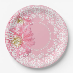 Pink Daisies & White Lace Party Wedding Reception Paper Plate